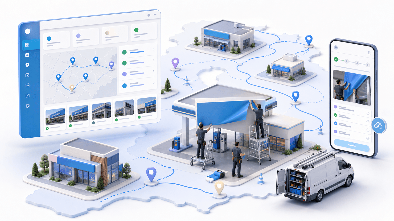 Vista isométrica de una operación de instalaciones conectada con el tablero de Se Instala